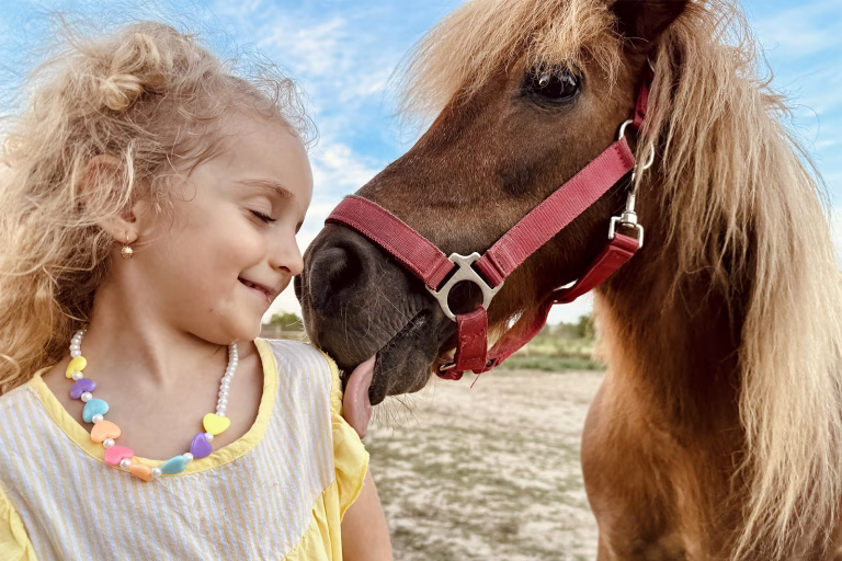 Smiling little girl nuzzled by Bamby the pony in the Lipovenesc yard