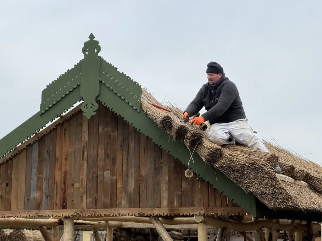 Meșter punând stuful lângă un fronton cu traforaj verde și scânduri vechi de lemn, în curtea casei din 1893 din Jurilovca